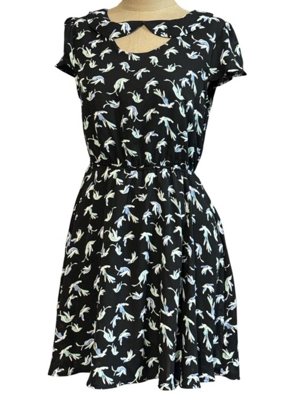 LC Lauren Conrad Black Fit & Flare Mini Dress w/ Cream & Light Blue Bird Print